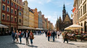 A high-quality, editorial-style photograph featuring a sunny, vibrant street view of Wrocław’s histo