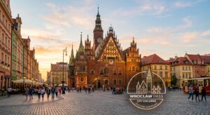 A professional, editorial-style photograph of the iconic Wrocław Town Hall in the Market Square at g