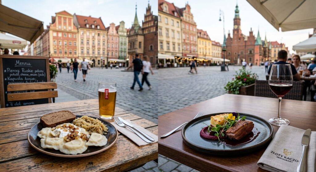 A high-quality, professional editorial photo contrasting a rustic, affordable local Polish bistro me