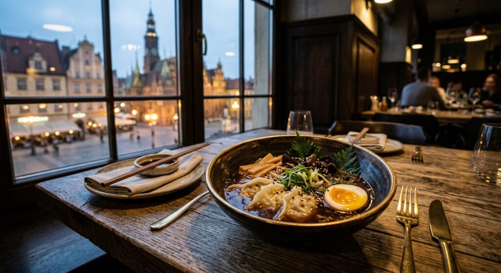 A premium editorial-style close-up of an elegantly plated fusion dish blending Polish and Asian culi