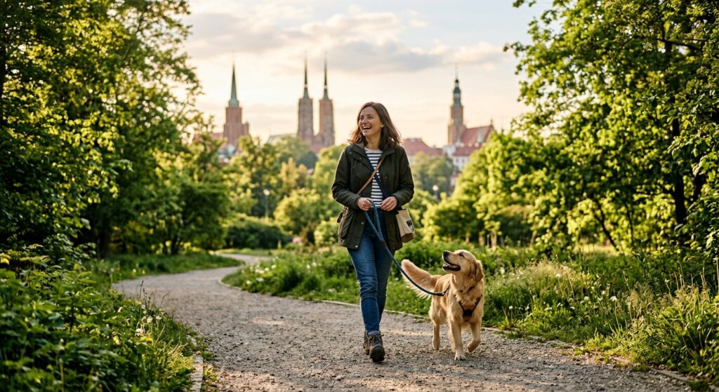 A professional, editorial-style photograph of a happy person walking a dog on a leash through a sunl