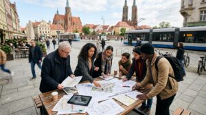 A professional, high-angle editorial photograph of a modern Wrocław street scene featuring diverse r