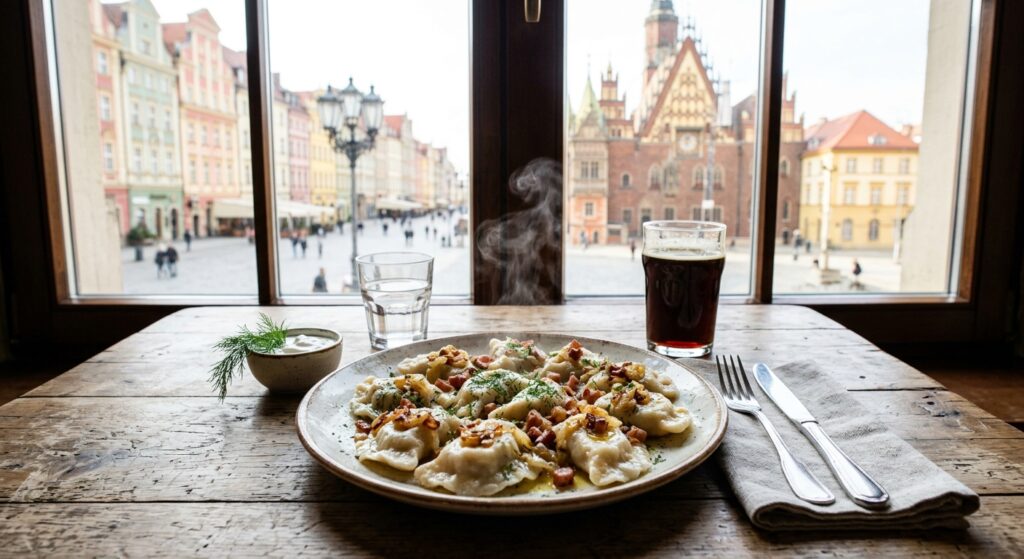 A professional, high-angle editorial shot of a steaming plate of authentic Polish pierogi served on