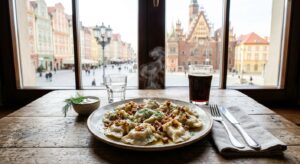 A professional, high-angle editorial shot of a steaming plate of authentic Polish pierogi served on
