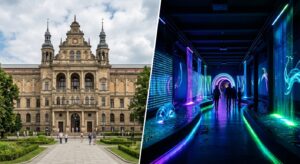 A split-screen editorial composition contrasting the classical, grand architecture of the National M