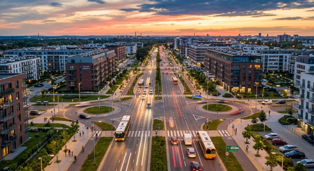 A sleek, modern aerial view of a bustling Wrocław street on Jagodno with improved traffic flow featu