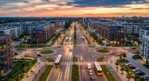 A sleek, modern aerial view of a bustling Wrocław street on Jagodno with improved traffic flow featu