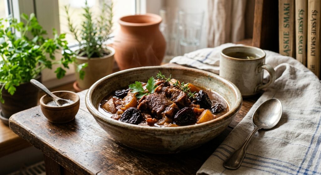 A professional, editorial-style close-up of a traditional Silesian "niebo w gębie" dish served in a