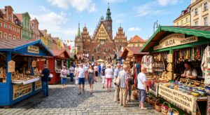 A professional editorial photograph of a vibrant artisan craft market at the Wrocław Market Square w