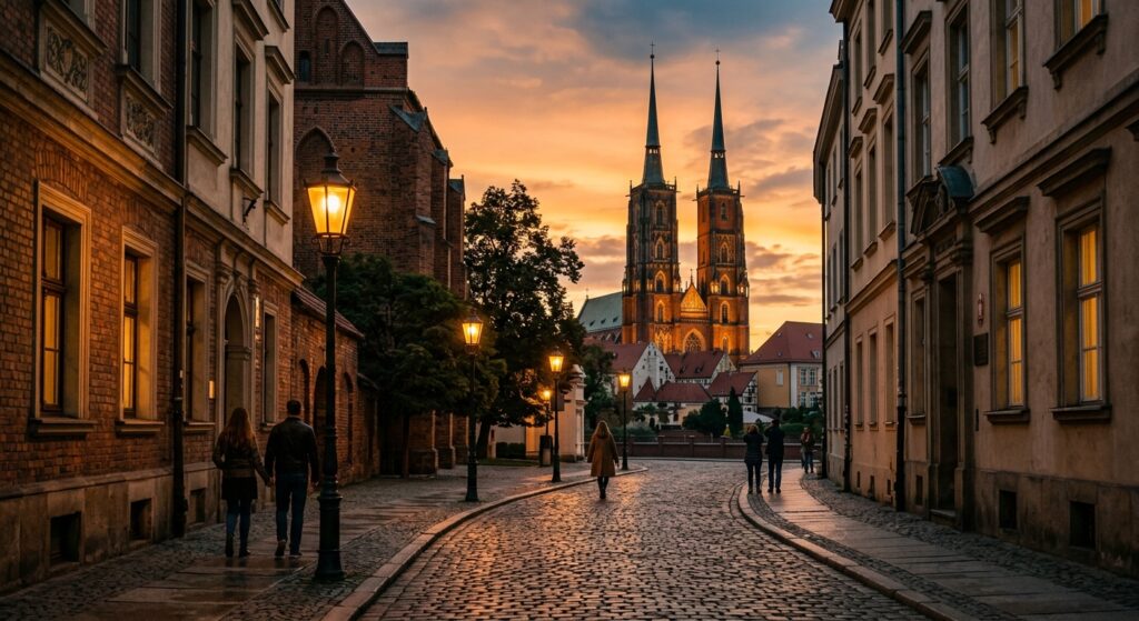 A high-quality, atmospheric editorial photograph of the Ostrów Tumski district in Wrocław at sunset,