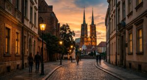 A high-quality, atmospheric editorial photograph of the Ostrów Tumski district in Wrocław at sunset,