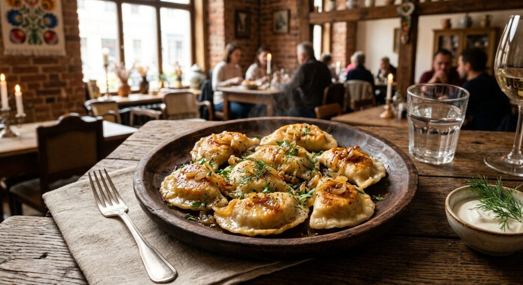 A high-angle, professional editorial photograph of a rustic wooden plate filled with steaming, golde