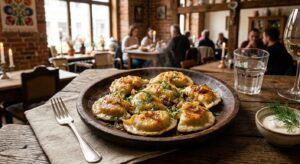 A high-angle, professional editorial photograph of a rustic wooden plate filled with steaming, golde