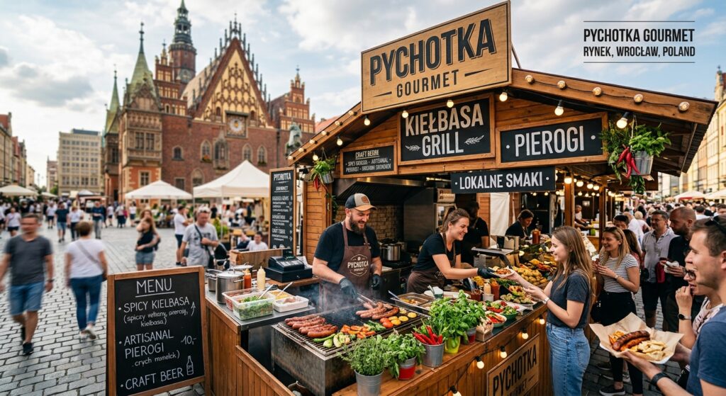 A vibrant, high-quality editorial shot of a gourmet street food stall on a bustling Wrocław market s