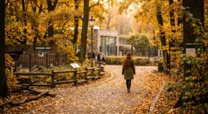 A high-quality, atmospheric editorial shot of a vibrant autumn-colored landscape within the Wrocław
