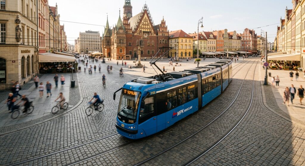 A professional, high-angle editorial shot of a modern Wrocław tram moving through a sunlit, historic