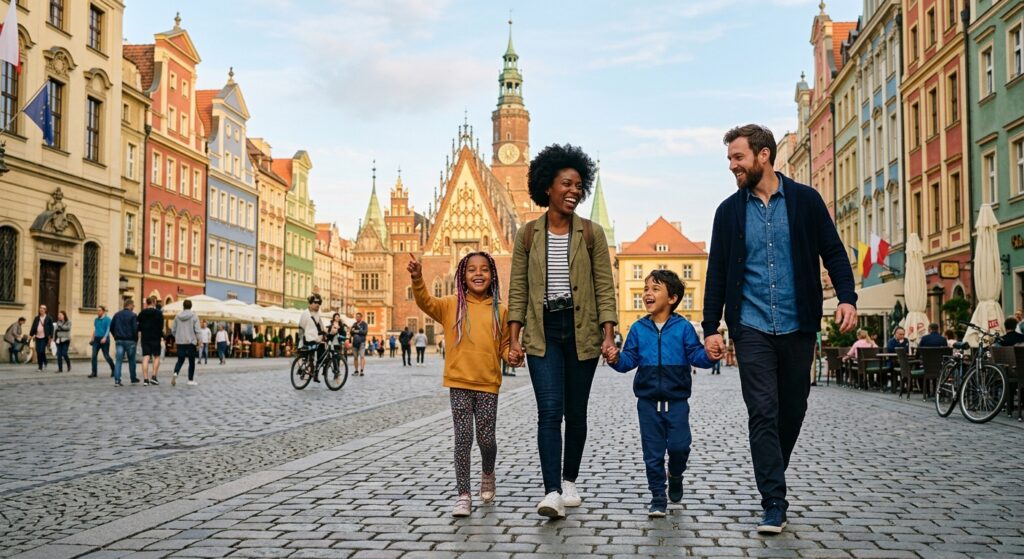 A high-quality, editorial-style photograph of a diverse, happy family exploring a vibrant public squ