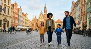 A high-quality, editorial-style photograph of a diverse, happy family exploring a vibrant public squ