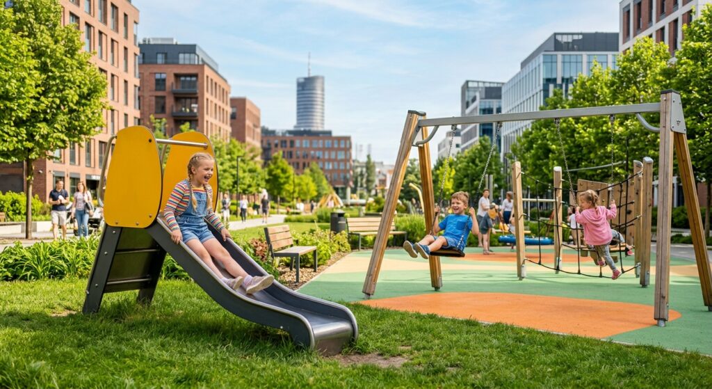 A vibrant, professional editorial photograph of happy children playing in a sunny, green public park