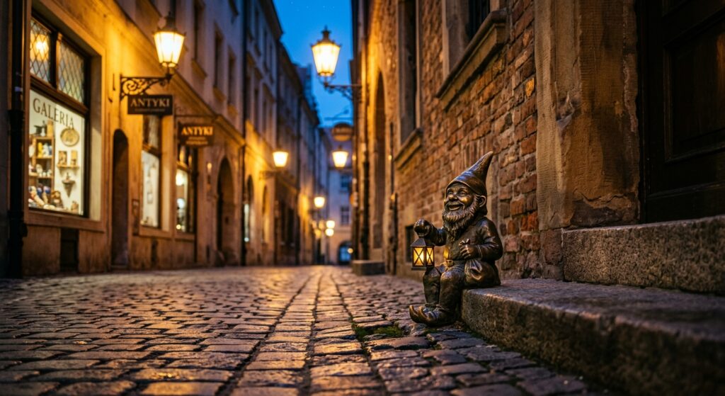 A cinematic, high-quality editorial shot of a charming bronze dwarf statue tucked away in a cobblest