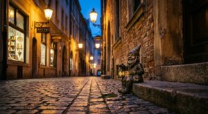 A cinematic, high-quality editorial shot of a charming bronze dwarf statue tucked away in a cobblest