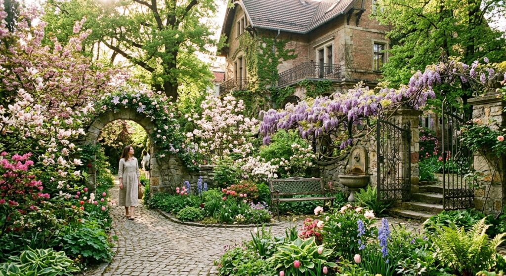 A professional editorial photograph capturing a sun-drenched, secret historic garden in Wrocław’s Bi