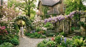 A professional editorial photograph capturing a sun-drenched, secret historic garden in Wrocław’s Bi