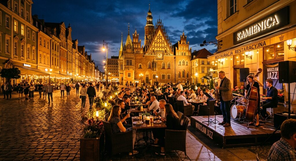 A vibrant, atmospheric evening shot of a cozy Wrocław Market Square restaurant terrace featuring a l