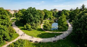 A serene, high-angle editorial photograph of a lush, sun-drenched park in Wrocław with winding paths
