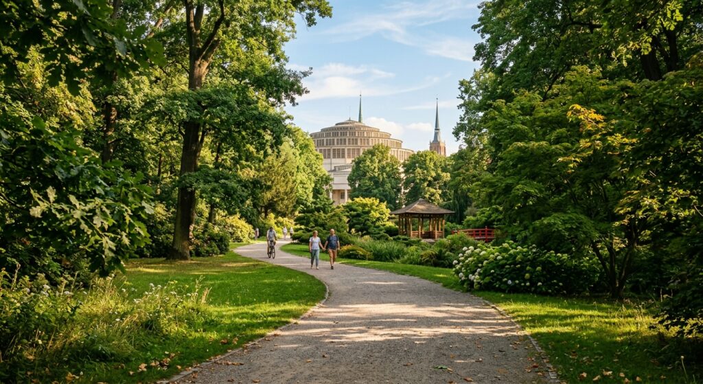 A picturesque, professional editiorial photograph of a serene path in Wrocław's Szczytnicki Park on