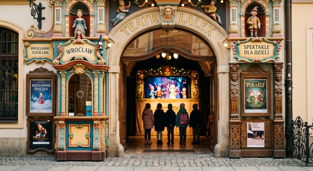 A high-quality, editorial-style photograph of a colorful, whimsical theater entrance in Wrocław, fea