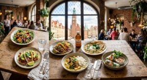 A professional, high-angle culinary shot of diverse and vibrant plant-based dishes served on a rusti