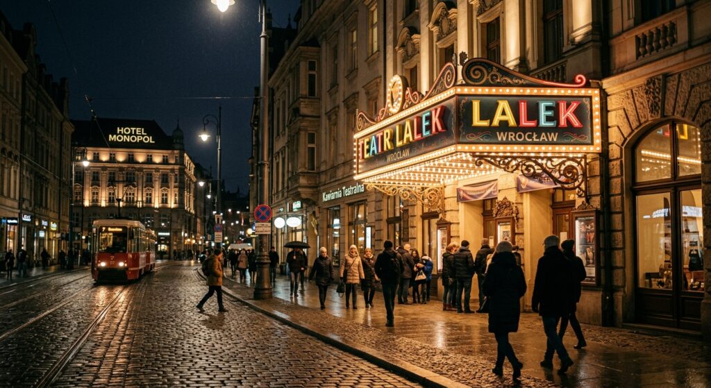 A sophisticated, cinematic shot of a vintage theater marquee glowing at night in a historic Wrocław