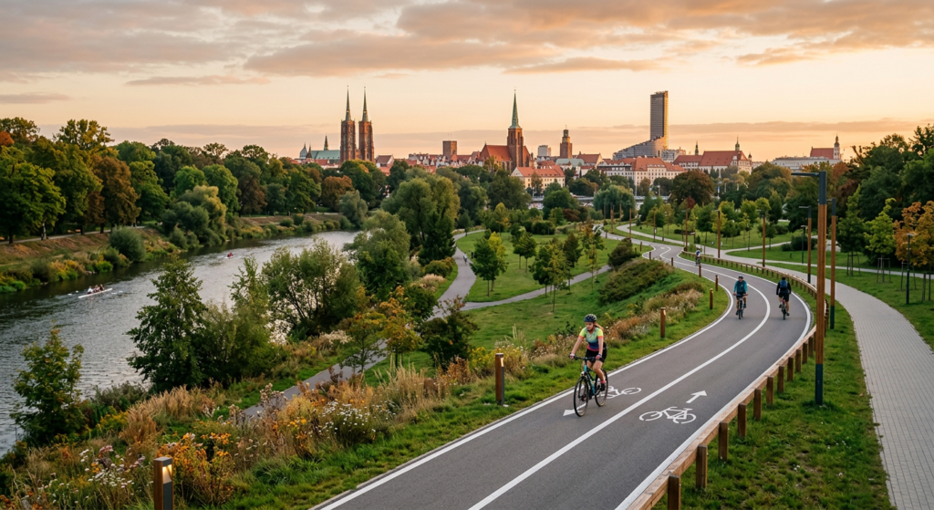 A professional editorial photograph of a modern bicycle path running through a scenic green area of