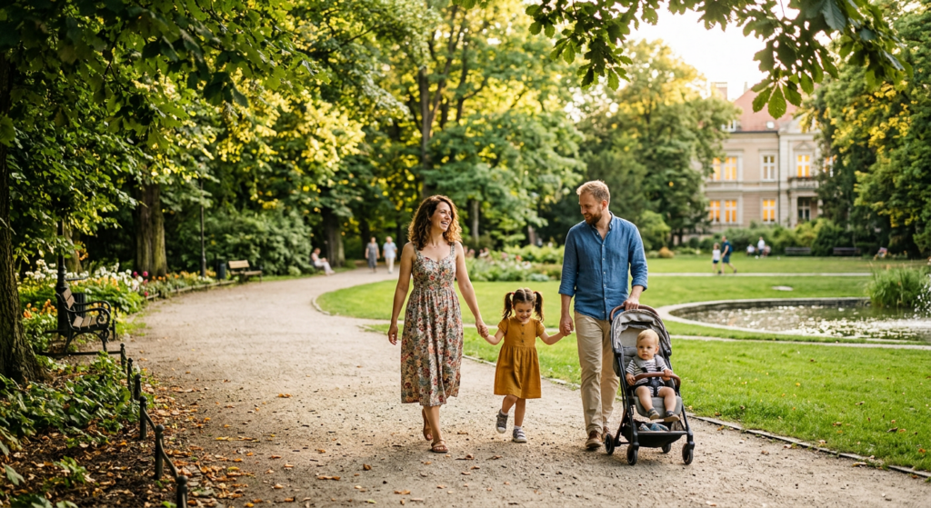A professional, editorial-style photograph of a sunny, vibrant green park in the Krzyki district of