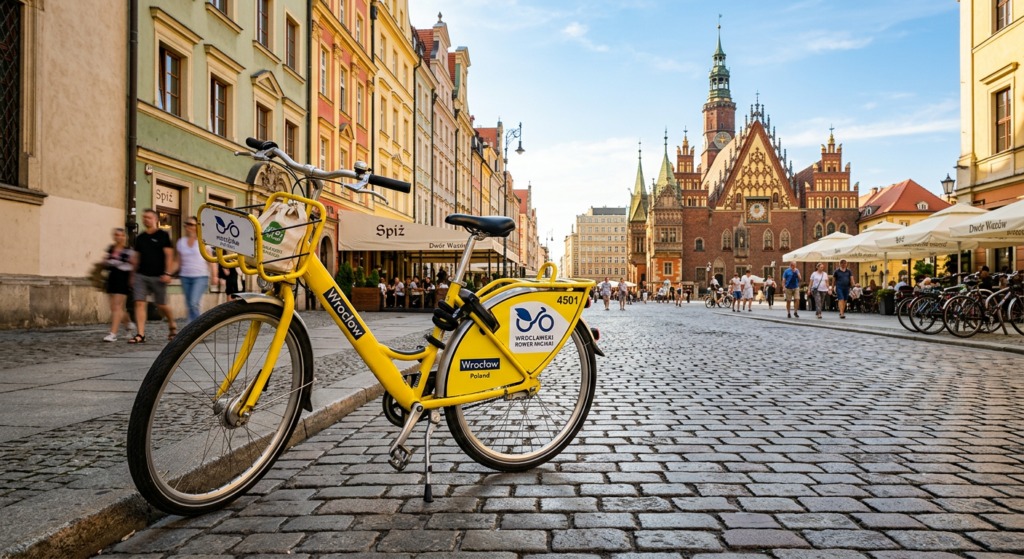 A high-quality, editorial-style photograph of a recognizable yellow Wrocław city bike parked on a cl