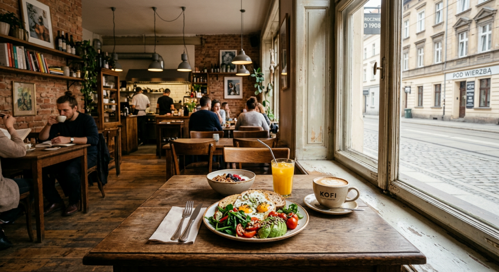 A professional editorial-style shot of a cozy, trendy bistro interior in the Nadodrze district of Wr