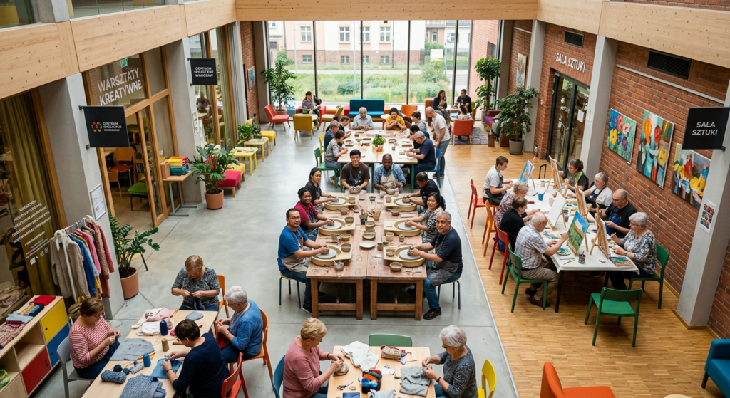A professional, high-angle editorial shot of a vibrant modern community center interior in Wrocław,