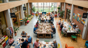 A professional, high-angle editorial shot of a vibrant modern community center interior in Wrocław,