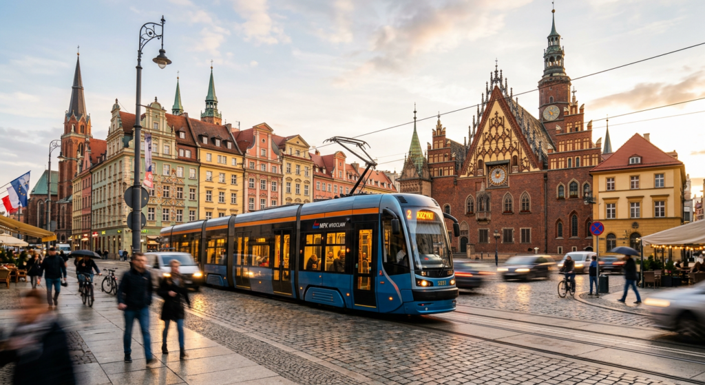 A modern, professional editorial-style photograph of a sleek Wrocław tram moving through the histori