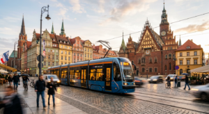 A modern, professional editorial-style photograph of a sleek Wrocław tram moving through the histori