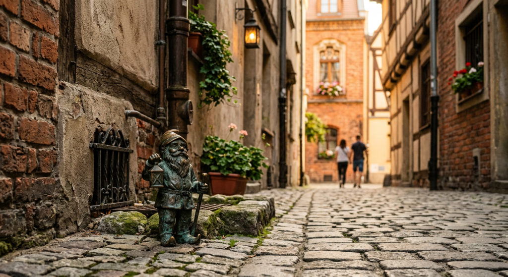 A high-quality, editorial-style photograph of a charming, weathered bronze dwarf statue cleverly hid