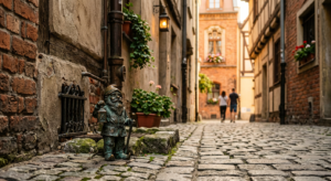 A high-quality, editorial-style photograph of a charming, weathered bronze dwarf statue cleverly hid