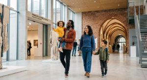 A vibrant, editorial shot of a diverse young family joyfully exploring a bright, modern museum space