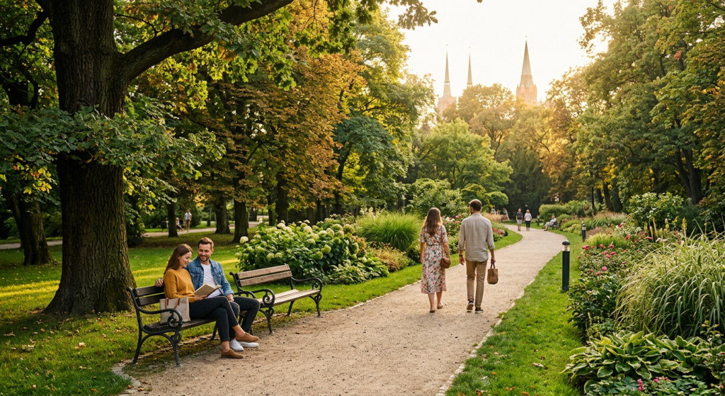 A professional, editorial-style photograph of a sun-drenched, lush park in Wrocław during a golden h