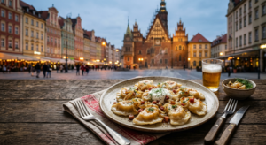 A high-quality, editorial food photography shot of a plate of steaming traditional Polish pierogi se