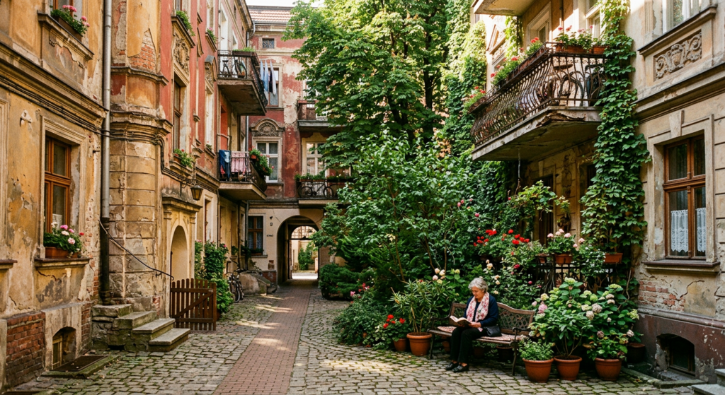 A cinematic, atmospheric shot of a hidden, sun-drenched courtyard in Wrocław’s Nadodrze district, fe
