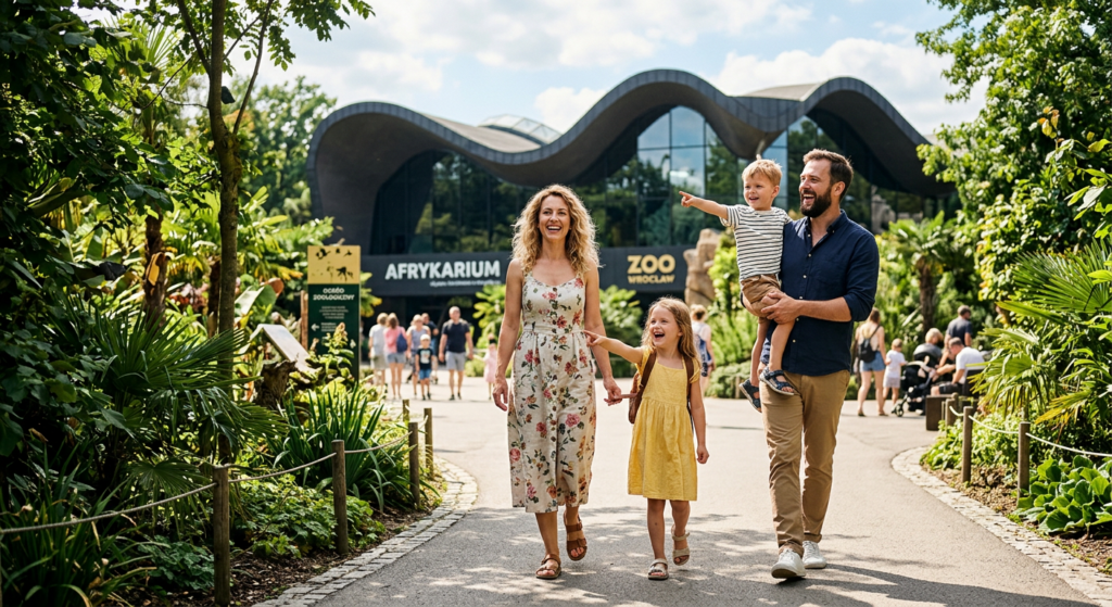 A high-quality, editorial-style photograph of a happy family exploring the lush, sunlit grounds of t