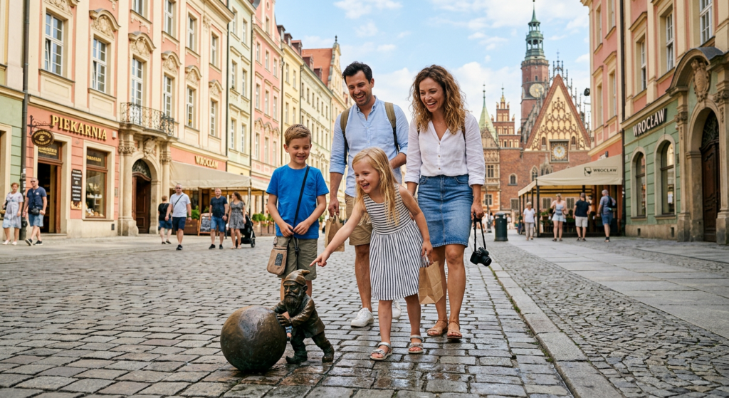 A bright, editorial-style photograph of a happy family exploring a cobblestone street in Wrocław’s O