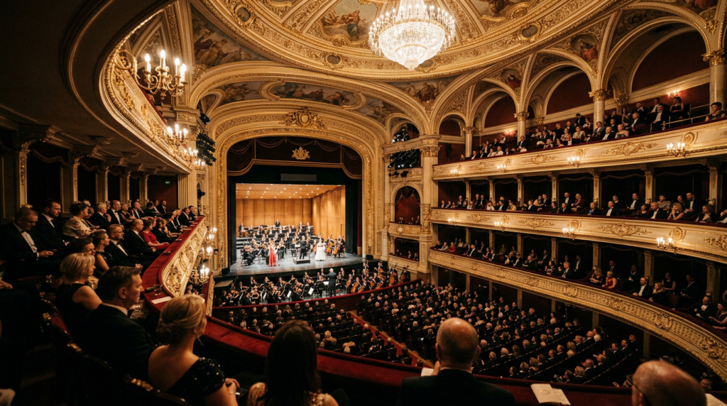 A professional, wide-angle editorial shot of the elegant interior of a historic Wrocław opera house